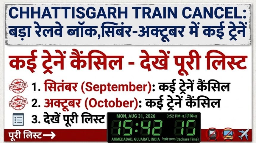 Chhattisgarh Train Cancel : रेलवे का बड़ा ब्लॉक, सितंबर-अक्टूबर में कई ट्रेनें कैंसिल, देखें लिस्ट