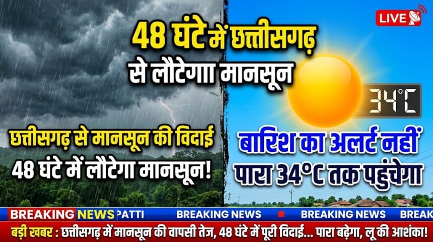 Chhattisgarh Monsoon Withdrawal : 48 घंटे में छत्तीसगढ़ से लौटेगा मानसून, बारिश का अलर्ट नहीं, 34°C तक पहुंचेगा पारा