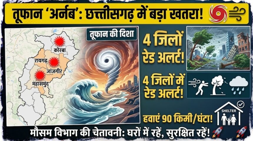 Cyclone Arnab Chhattisgarh : तूफान ‘अर्नब’ का बड़ा असर! छत्तीसगढ़ के 4 जिलों में रेड अलर्ट, 90 किमी की रफ्तार से चलेंगी हवाएं