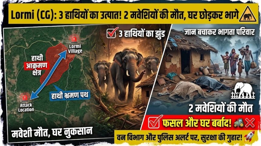 Lormi Elephant Attack : 3 हाथियों का उत्पात, 2 मवेशियों की मौत, जान बचाने घर छोड़कर भागा परिवार
