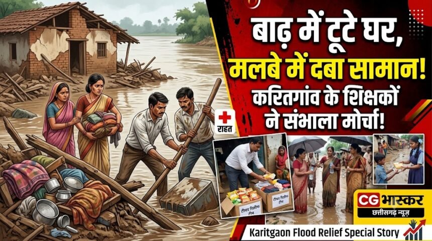 Karitgaon Flood Relief : बाढ़ में टूटे घर, मलबे में दबा सामान, करितगांव के शिक्षकों ने संभाला मोर्चा