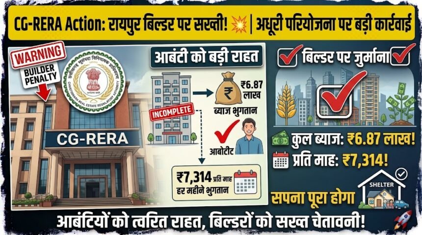 CG-RERA Action : रायपुर में बिल्डर पर सख्ती! अधूरी परियोजना पर आबंटी को मिलेंगे 6.87 लाख ब्याज, हर महीने भी देने होंगे 7,314